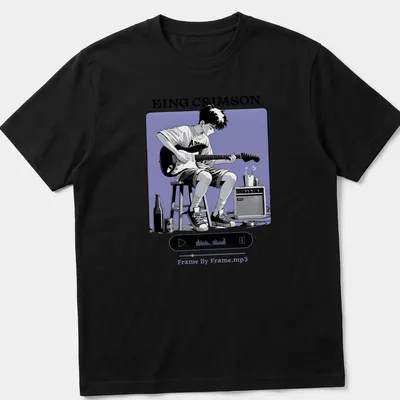 Kawaii line-art of a musician playing guitar with King Crimson text design.