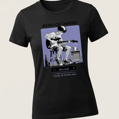 Kawaii line-art of a musician playing guitar with King Crimson text design. — printed on a women's shirt