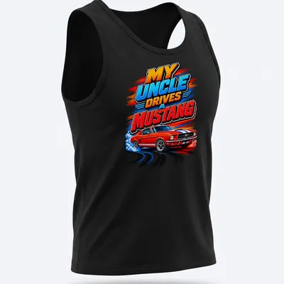 Bold Mustang design with colorful text about driving a Mustang car — printed on a tank top