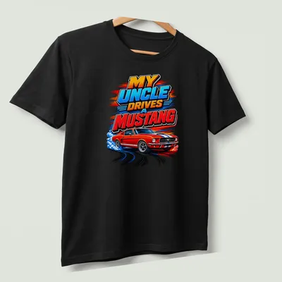 Bold Mustang design with colorful text about driving a Mustang car — printed on a unisex t-shirt (angled view)
