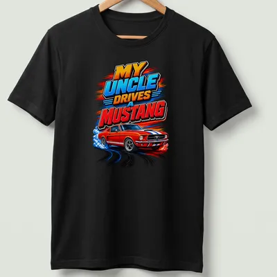 Bold Mustang design with colorful text about driving a Mustang car
