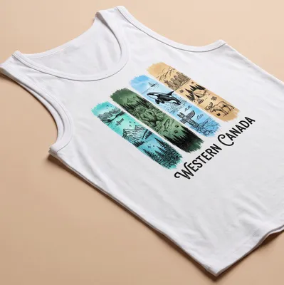 Illustrative print featuring nature scenes from Western Canada with wildlife and a totem pole. — printed on a tank top