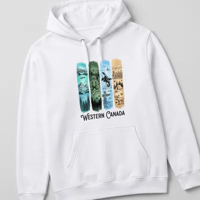 Illustrative print featuring nature scenes from Western Canada with wildlife and a totem pole. — printed on a unisex hoodie