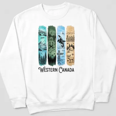 Illustrative print featuring nature scenes from Western Canada with wildlife and a totem pole. — printed on a unisex sweatshirt