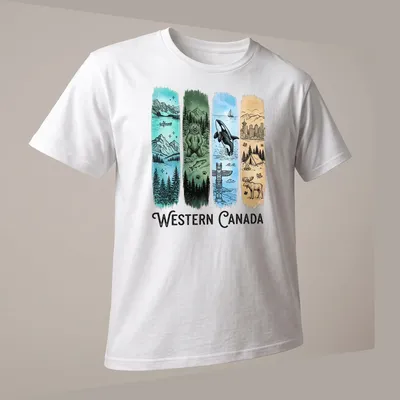 Illustrative print featuring nature scenes from Western Canada with wildlife and a totem pole. — printed on a unisex t-shirt (angled view)