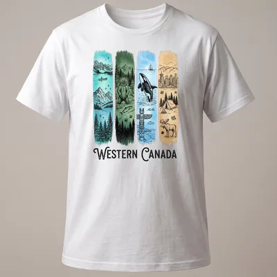 Illustrative print featuring nature scenes from Western Canada with wildlife and a totem pole.