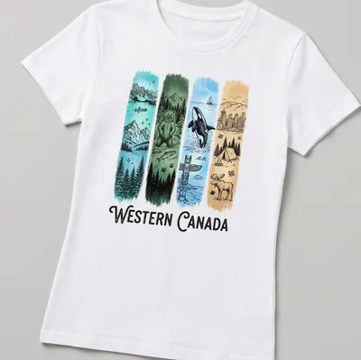 Illustrative print featuring nature scenes from Western Canada with wildlife and a totem pole. — printed on a women's shirt