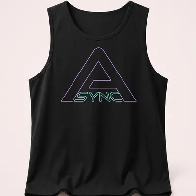 Neon logo t-shirt featuring the word ASYNC in bright blue and pink. — printed on a tank top