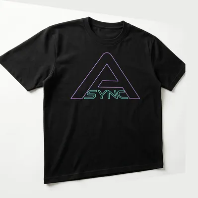 Neon logo t-shirt featuring the word ASYNC in bright blue and pink. — printed on a unisex t-shirt (angled view)