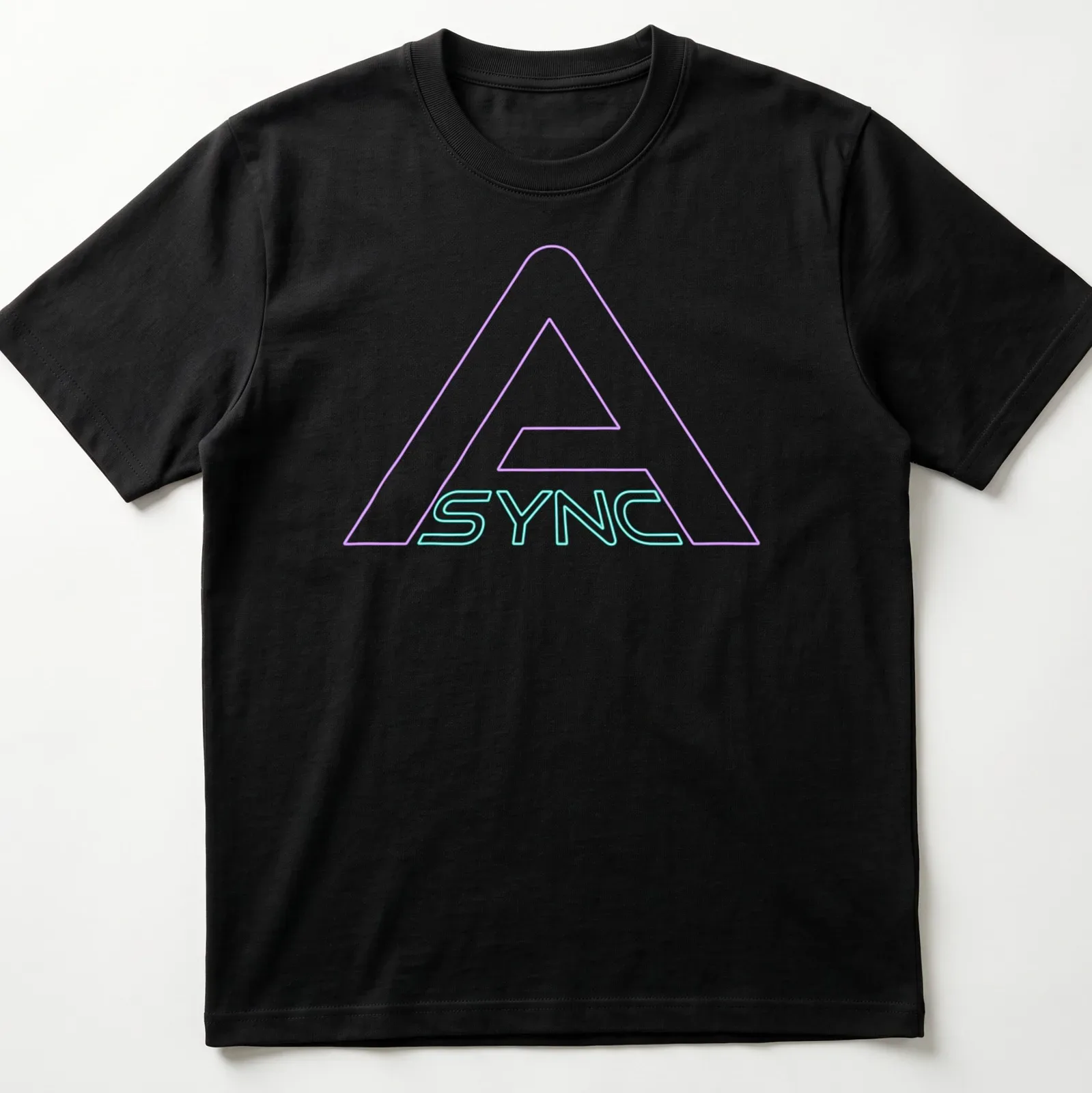 Neon logo t-shirt featuring the word ASYNC in bright blue and pink. — printed on a unisex t-shirt