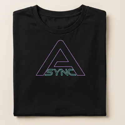 Neon logo t-shirt featuring the word ASYNC in bright blue and pink. — printed on a women's shirt