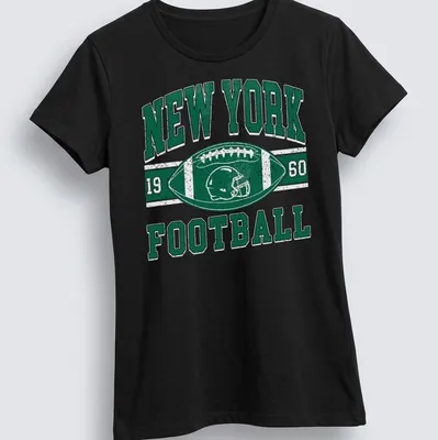 Retro distressed New York Football tee with a helmet and ball design — printed on a women's shirt