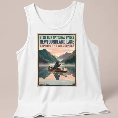 Vintage-style T-shirt featuring a Newfoundland dog in a canoe with national parks text — printed on a tank top