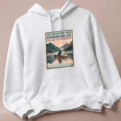 Vintage-style T-shirt featuring a Newfoundland dog in a canoe with national parks text — printed on a unisex hoodie