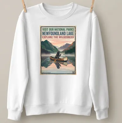 Vintage-style T-shirt featuring a Newfoundland dog in a canoe with national parks text — printed on a unisex sweatshirt