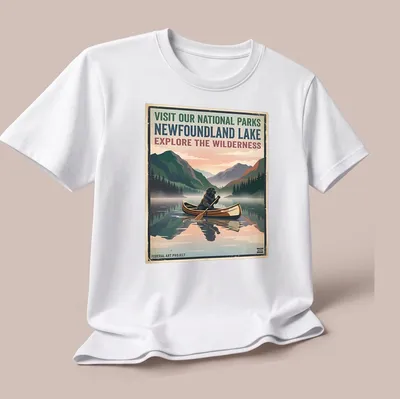 Vintage-style T-shirt featuring a Newfoundland dog in a canoe with national parks text — printed on a unisex t-shirt (angled view)