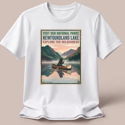 Vintage-style T-shirt featuring a Newfoundland dog in a canoe with national parks text — printed on a unisex t-shirt