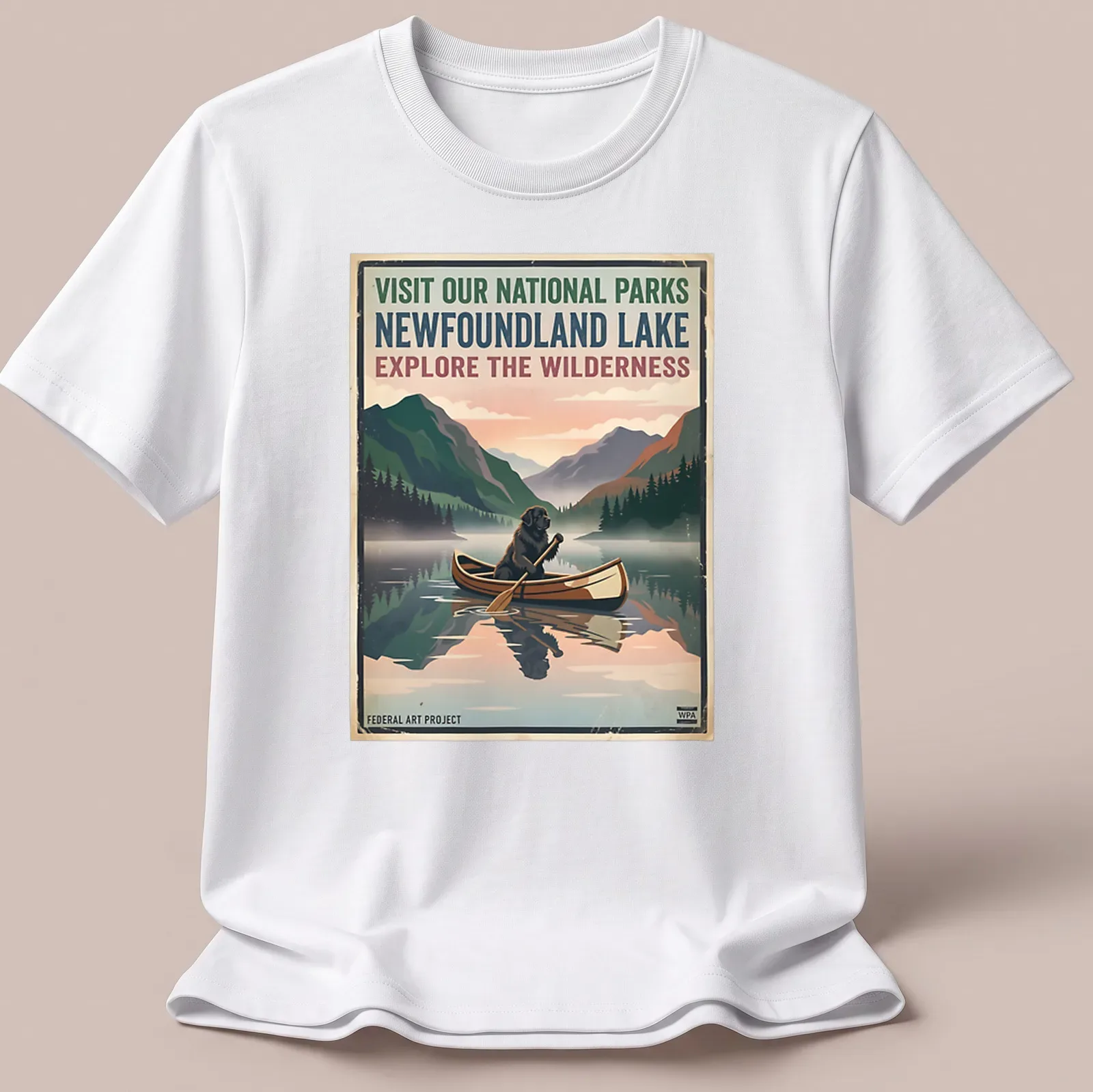 Vintage-style T-shirt featuring a Newfoundland dog in a canoe with national parks text — printed on a unisex t-shirt