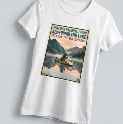 Vintage-style T-shirt featuring a Newfoundland dog in a canoe with national parks text — printed on a women's shirt