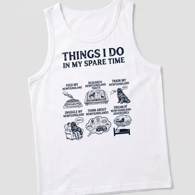 Vintage illustration t-shirt featuring Newfoundland dog and text about activities with it — printed on a tank top