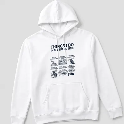 Vintage illustration t-shirt featuring Newfoundland dog and text about activities with it — printed on a unisex hoodie