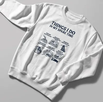 Vintage illustration t-shirt featuring Newfoundland dog and text about activities with it — printed on a unisex sweatshirt