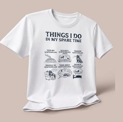 Vintage illustration t-shirt featuring Newfoundland dog and text about activities with it — printed on a unisex t-shirt (angled view)