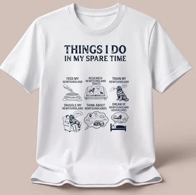 Vintage illustration t-shirt featuring Newfoundland dog and text about activities with it