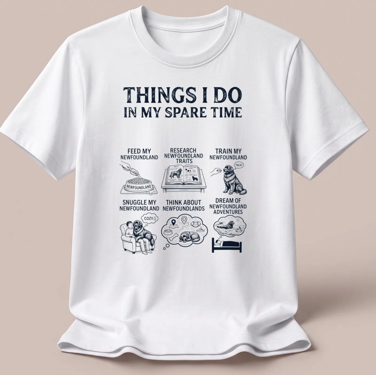 Vintage illustration t-shirt featuring Newfoundland dog and text about activities with it — printed on a unisex t-shirt