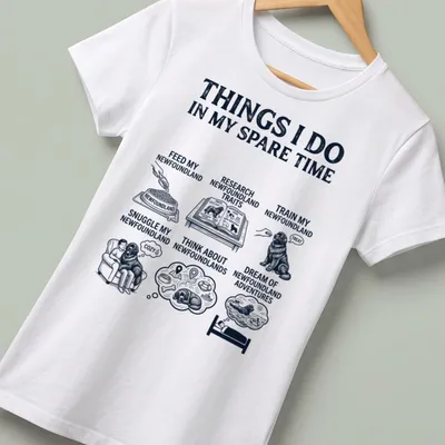 Vintage illustration t-shirt featuring Newfoundland dog and text about activities with it — printed on a women's shirt