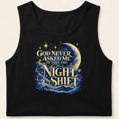 Whimsical design featuring moon and stars with humorous text about night shifts — printed on a tank top