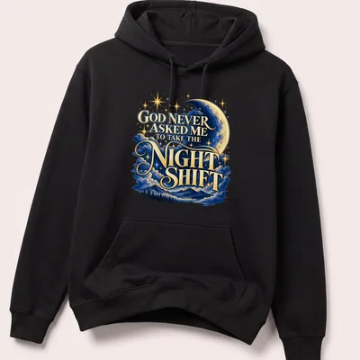 Whimsical design featuring moon and stars with humorous text about night shifts — printed on a unisex hoodie