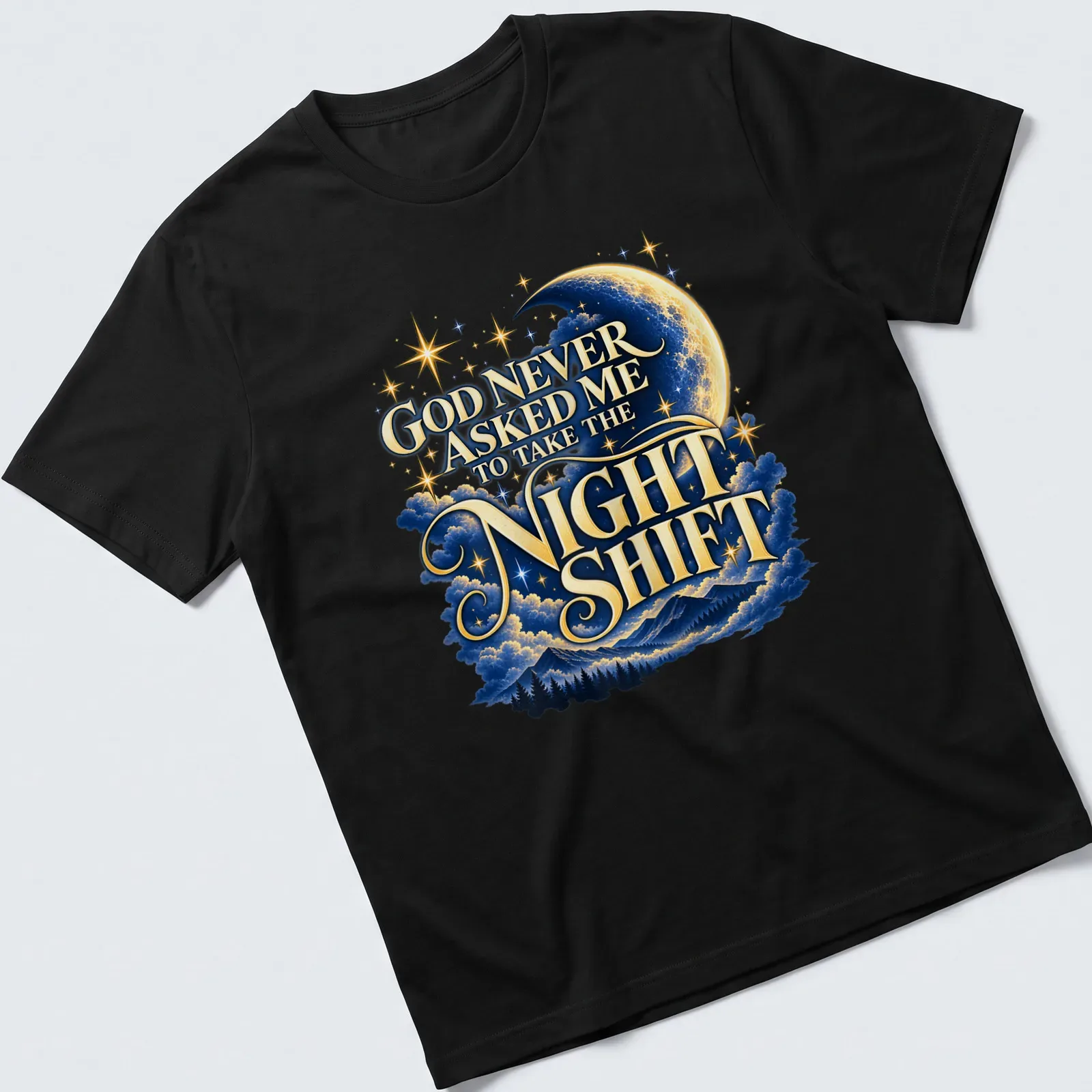 Whimsical design featuring moon and stars with humorous text about night shifts — printed on a unisex t-shirt