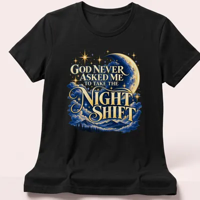 Whimsical design featuring moon and stars with humorous text about night shifts — printed on a women's shirt
