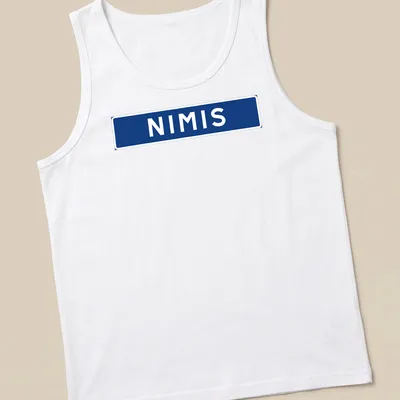 Bold typography print of NIMIS in blue and white inspired by a Swedish installation — printed on a tank top
