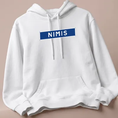 Bold typography print of NIMIS in blue and white inspired by a Swedish installation — printed on a unisex hoodie