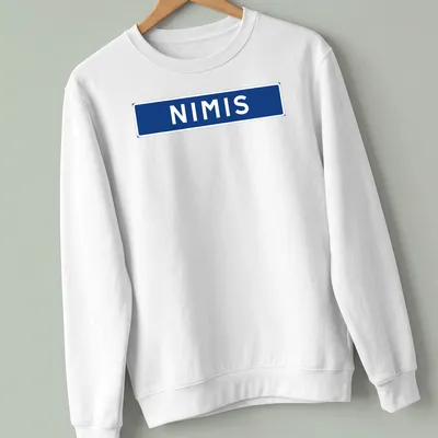 Bold typography print of NIMIS in blue and white inspired by a Swedish installation — printed on a unisex sweatshirt