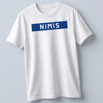 Bold typography print of NIMIS in blue and white inspired by a Swedish installation