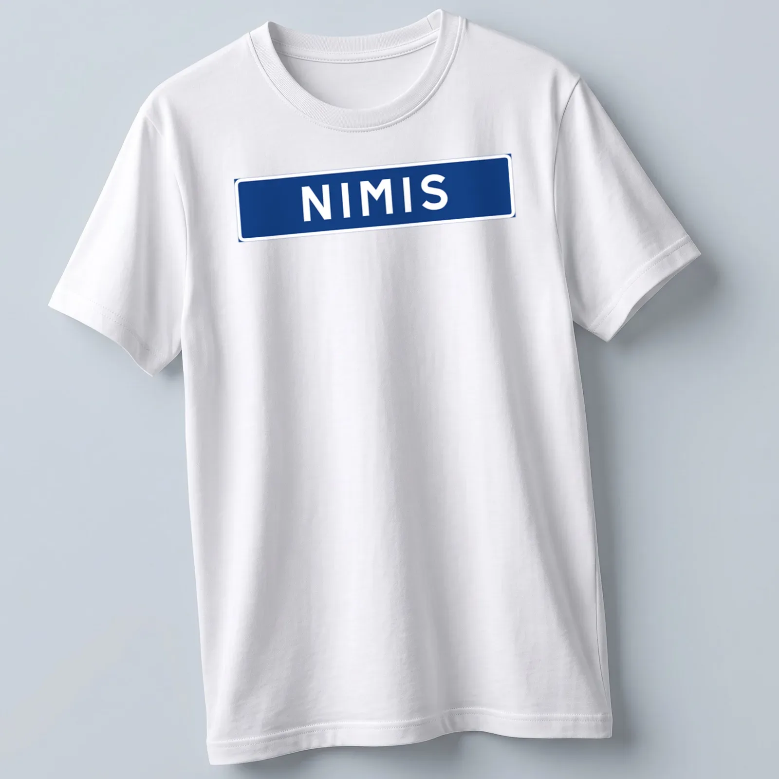 Bold typography print of NIMIS in blue and white inspired by a Swedish installation — printed on a unisex t-shirt