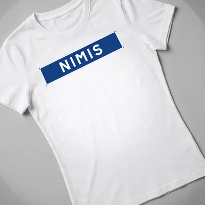 Bold typography print of NIMIS in blue and white inspired by a Swedish installation — printed on a women's shirt