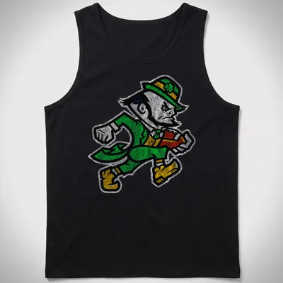 Vintage distressed Notre Dame Leprechaun graphic in green, yellow, black, and white — printed on a tank top