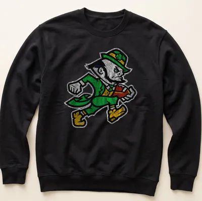 Vintage distressed Notre Dame Leprechaun graphic in green, yellow, black, and white — printed on a unisex sweatshirt