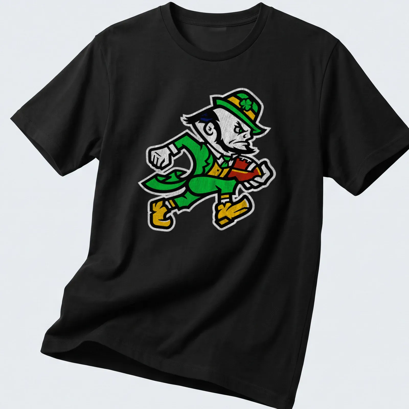 Vintage distressed Notre Dame Leprechaun graphic in green, yellow, black, and white — printed on a unisex t-shirt
