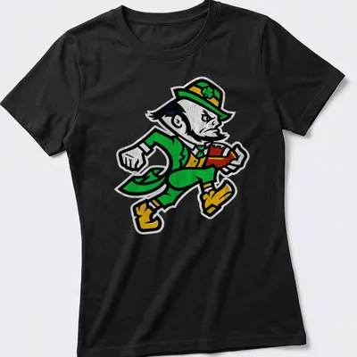 Vintage distressed Notre Dame Leprechaun graphic in green, yellow, black, and white — printed on a women's shirt
