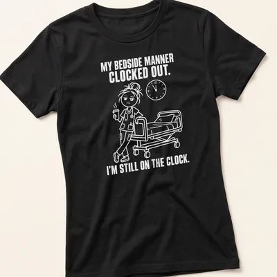 Cartoon style t-shirt featuring humorous nurse-themed text about being on duty. — printed on a women's shirt