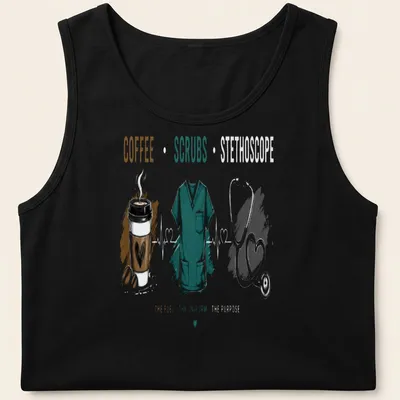 Modern illustration of coffee, scrubs, and stethoscope with printed text. — printed on a tank top