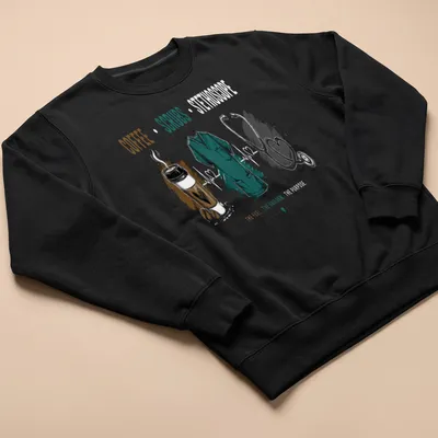 Modern illustration of coffee, scrubs, and stethoscope with printed text. — printed on a unisex sweatshirt