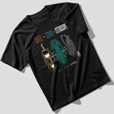 Modern illustration of coffee, scrubs, and stethoscope with printed text. — printed on a unisex t-shirt