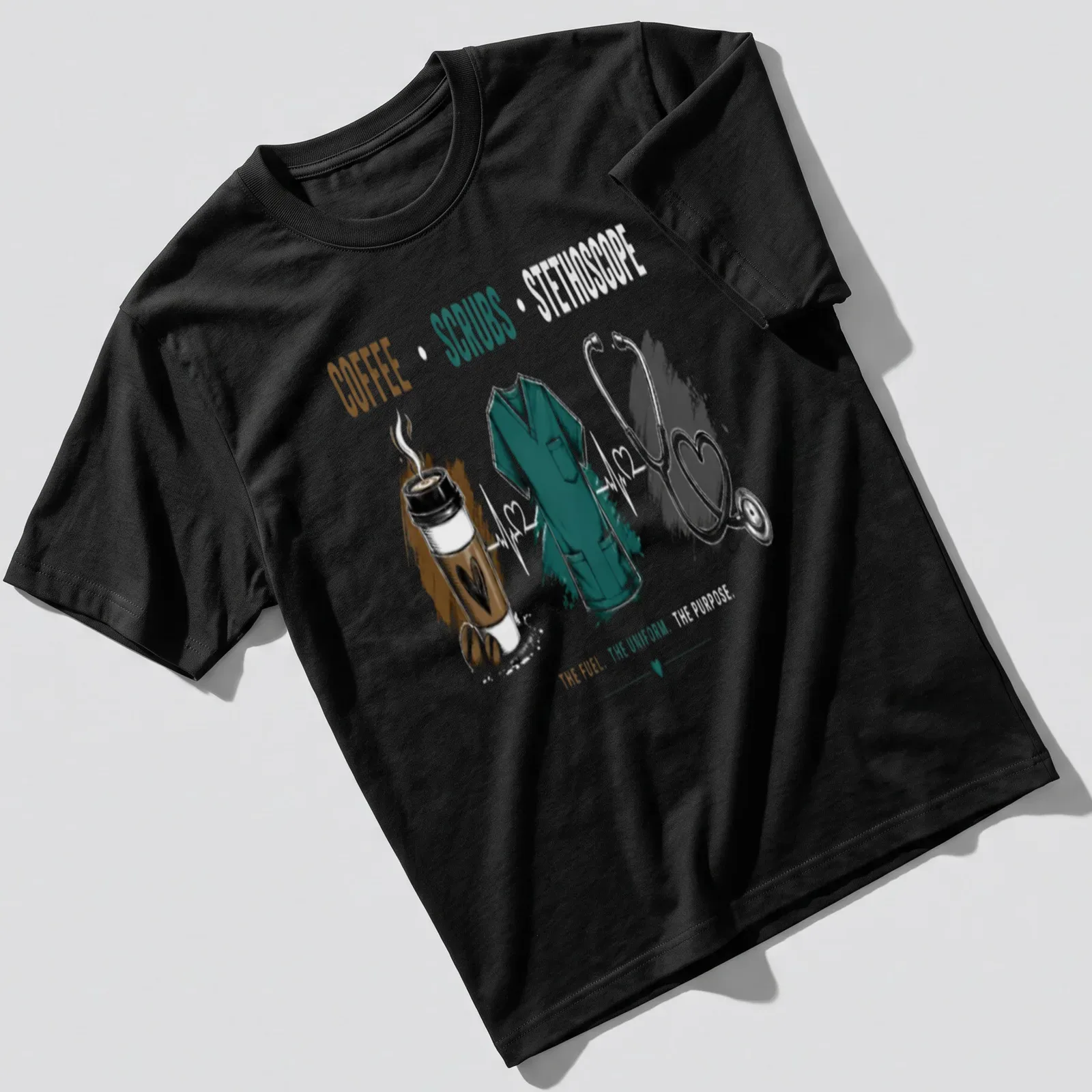 Modern illustration of coffee, scrubs, and stethoscope with printed text. — printed on a unisex t-shirt