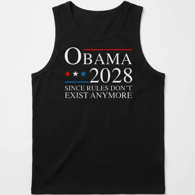 Political campaign-themed t-shirt with Obama 2028 printed text in red, blue, and white. — printed on a tank top